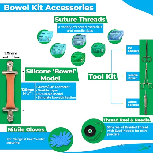 SurgicalSim Bowel Anastomosis Suture Practice Kit, End-to-End Techniques, Includes 0.8" Diameter Intestinal Model, Tool Kit, Threads, Ideal for Practice