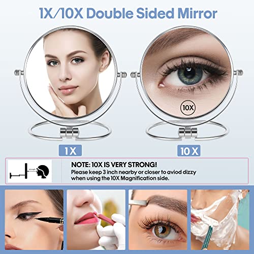 Portable Folding Travel Makeup Mirror,1X/10X Magnifying Vanity Mirror,6” Double-Sided 360° Swivel,Handheld & Wall Hanging Metal Mirror for Home and On-the-Go Use,Travel Storage Bag Included,No Light Silver-6in-10x