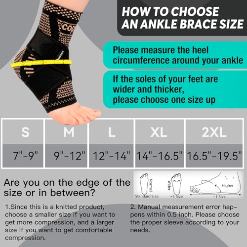 INDEEMAX Ankle Brace for Sprained Ankle Compression Sleeve, 2 Pack Copper Infused Ankle Support Brace for Women & Men, Plantar Fasciitis Relief Achilles Tendonitis, Sports Running, Copper Black, L Large