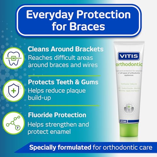 Vitis Toothpaste, 100ml - Orthodontic with Nano Repair, Apple Flavor - Gingivitis Prevention, Tartar Control, Tooth Decay Prevention, Remineralization, Enamel Protection
