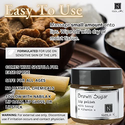 Brown Sugar Lip Polish, 1 oz by Nabila K - Hydrating Lip Exfoliator & Moisturizer with Honey and Vitamin E for Dry and Chapped Lips - Cruelty-Free, Real Sugar, Made in USA Brown Sugar