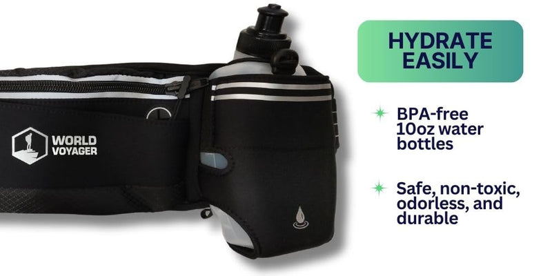 Hydrabelt Ultra Hydration Belt for Runners, 2 Pockets, 10oz BPA Free Water Bottles, No Bounce, Waterproof, Black, One Size, Hydration belt with 2 pockets and 2 water bottles
