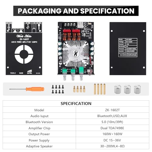 Audio Amplifier Board, ZK-1602T Bluetooth 5.0 Power Amp for Home Speakers Black3 ZK-1602T(160W X 2)