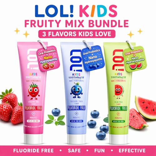 LOL! Kids Toothpaste 3 Pack – Strawberry, Blueberry & Watermelon | Fluoride Free Kids Toothpaste with Nano Hydroxyapatite & Oral Probiotics | Natural Toothpaste for Kids, Safe & Gentle