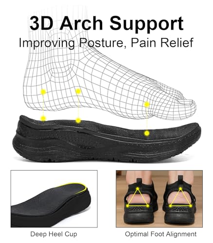 Womens Comfortable Orthopedic Sandals Arch Support Ladies Walking Sport Athletic Sandals Open Toe Slip On Plantar Fasciitis Platform Dress Sandal 2 Inches Heel 9 Black