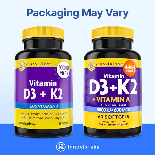 InnovixLabs D3 K2 Vitamin 5000 IU Supplement with Vitamin A (60 Softgels) (Pack of 2) 60 Count (Pack of 2)