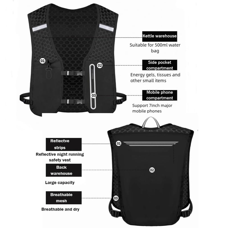 Running Vest for Men Women, Adjustable Running Hydration Vest with 500ml Soft Water Bottle, Water Backpack with Phone Holder