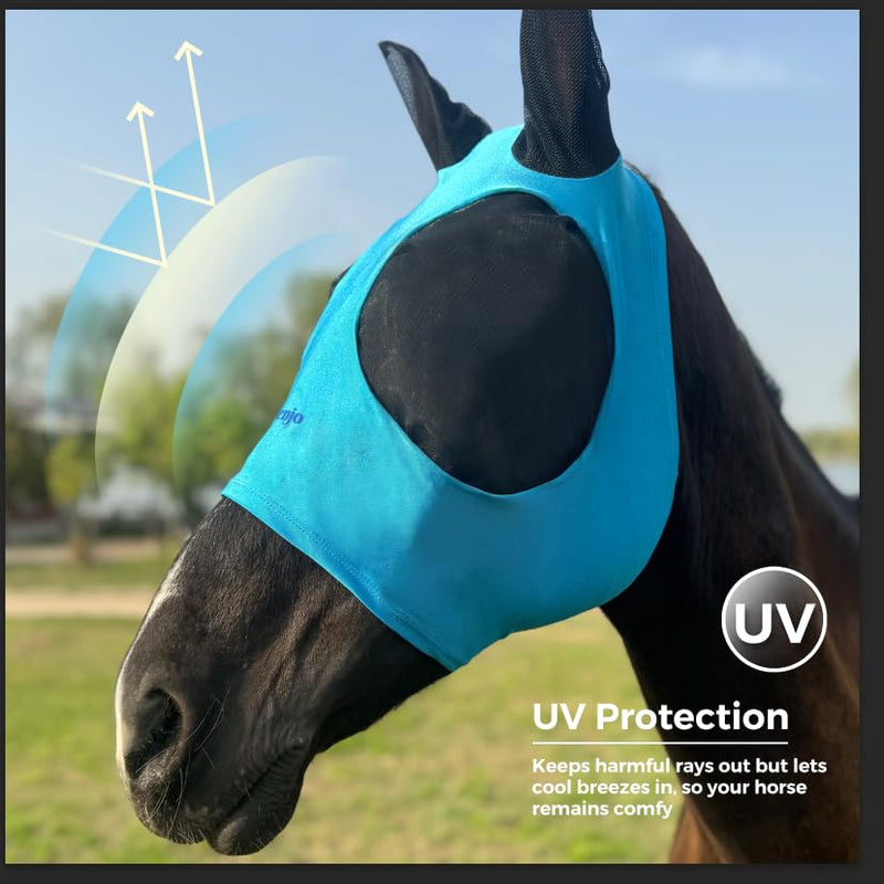 Azure Blue Menjo Outdoors Elastic Horse Fly Mask with Ears, Cobs/Arabians/Small Headed Horses Azure Blue - BeesActive Australia