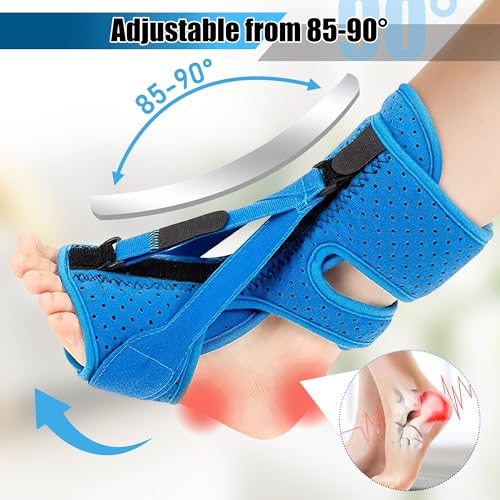 Plantar Fasciitis Night Splint - Adjustable Straps Relief Brace with Fasciitis Socks Massage Ball Arch Support, Foot Drop Achilles Tendonitis Heel Pain Night Support for Women Men (Blue) Blue