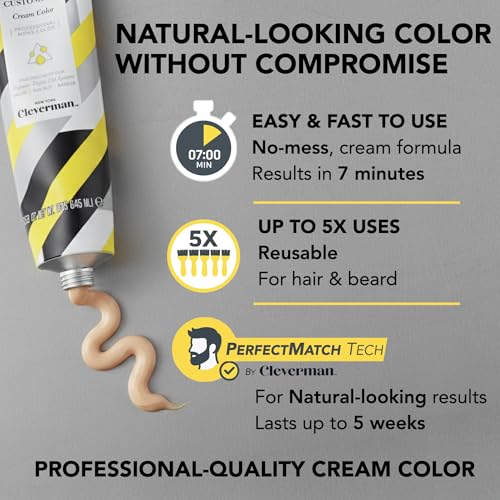 Reusable Hair & Beard Dye for Men – Medium Brown | Up to 5 Uses, 7 Minutes | Natural Gray Coverage, No-Drip Cream with SkinArmour – Cleverman 2 Ounce (Pack of 1)