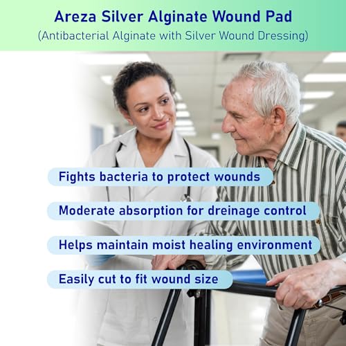 Areza Silver Calcium Alginate Antibacterial Wound Dressing Pads – Sterile, Non-Stick, Highly Absorbent; for Wound Drainage & Infection Risk (4.25″×4.25″, 20-Pack per Box), 1 Box 20 Count (Pack of 1)