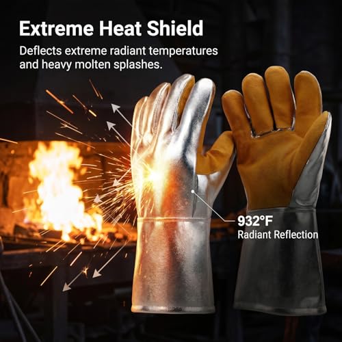 QWORK High Temperature Aluminized Welding Gloves, 14-Inch Heat Resistant Safety Workwear for Smelting & Metal Industries, 972°F Resistance