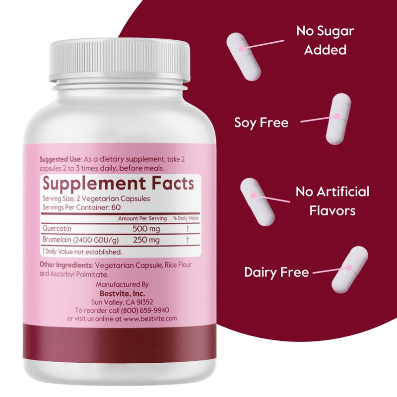 BESTVITE Quercetin with Bromelain 500mg/250mg (120 Veg Caps) - No Stearates | No Silicon Dioxide - Vegan - Non GMO - Gluten Free - Immune Support* - Respiratory & Antioxidant Support* 120 Count (Pack of 1)