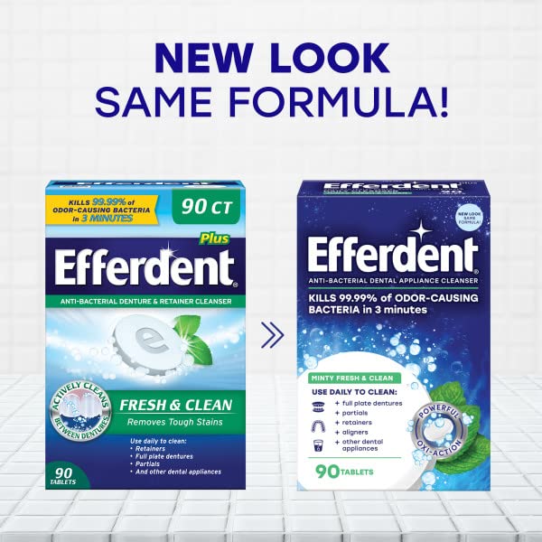 efferdent Retainer & Denture Cleaner, Minty Fresh & Clean Oxi-Action Tablets, Daily Cleanser Dissolves Stains, Removes Odors, Freshens Dental Appliances, 90 Count (Pack of 2) 90 Count (Pack of 2)