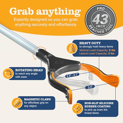 EZPIK Pro 43" Foldable Grabber Reacher Tool for Seniors - Grabbers for Elderly Reaching Tool Heavy Duty Pickup Trash Picker Upper Equipment - Claw Grabber Stick for Reaching Aids, Weed Gripper 43" - 1 PK Silver