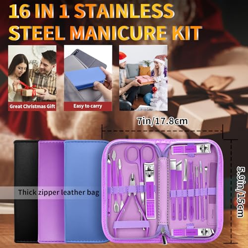 Manicure Set 16Pcs Professional Stainless Steel Pedicure Kit Mens Grooming Kit Fingernail & Toenail Clippers Set Manicure Kit with Luxurious Travel Bag, Sharp Nail Scissors and Clipper (Purple) 16Pcs-Purple