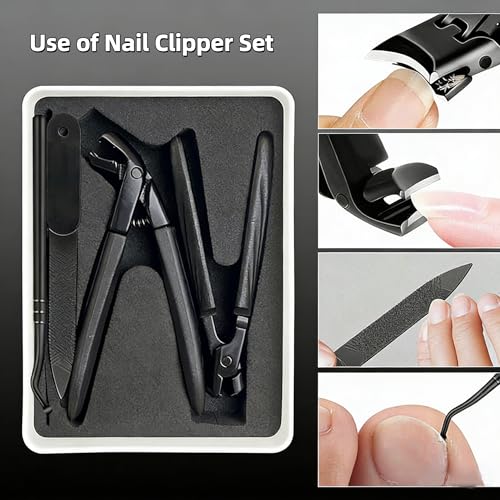 Nail Clippers Set Box, 4 Pcs-Stainless Steel Large Toenail Clippers for Thick Nails, Heavy Duty Slanted Nail Clipper with Nail File, Nail Lifter, Long Handled Fingernail Cutter for Men & Women 4Pcs Nail Clippers Set-black