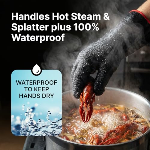 BBQ Gloves - Waterproof and Extreme Heat Resistant up to 932°F - Food-Grade Neoprene Rubber Mitts for Cooking, Grill, Grilling, Oven, Baking, Fire Pit - Non-Slip Grip, Cotton Lining and 14” Sleeve Medium