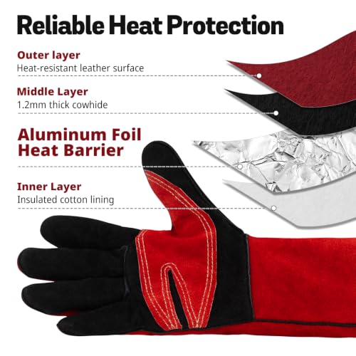vclpower Welding Gloves 16-Inch 932°F Heat Resistant Leather for MIG,Stick 16" XL-Red