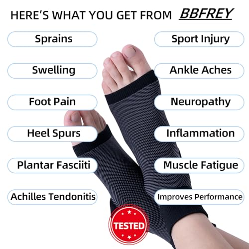Ankle Compression Sleeve (Cushioned Heel & Firm Support) - Plantar Fasciitis Brace - Open Toe Compression Socks for Swelling, Sprain, Neuropathy, 20-30 mmHg Small 6 Pairs - Black