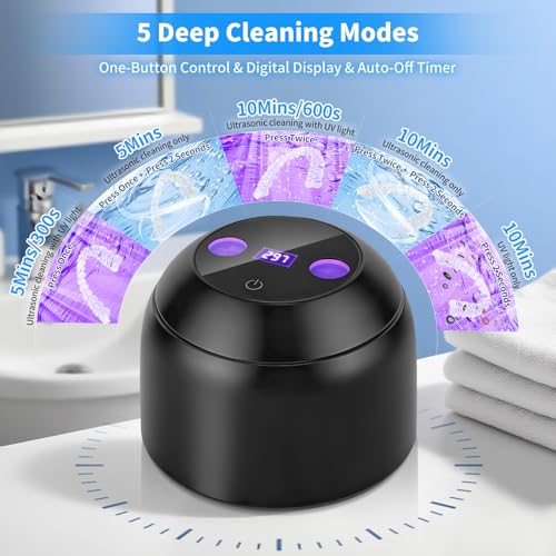 Ultrasonic Retainer Cleaner Machine, 45kHz Dental Ultrasonic Cleaner for Denture, Mouth Guard, Aligner, Braces, Toothbrush Heads, Jewelry, 5 Modes Cleaning, Digital Timer & 200ML Capacity Black