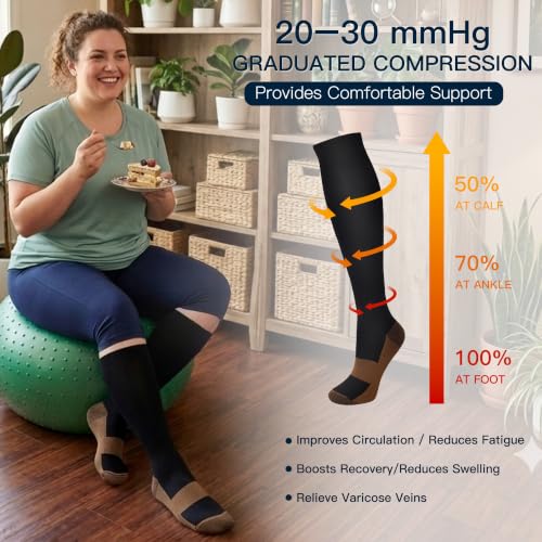 7 Pairs Copper Compression Socks for Men Women 20-30 mmHg Knee High Socks Large-X-Large Black