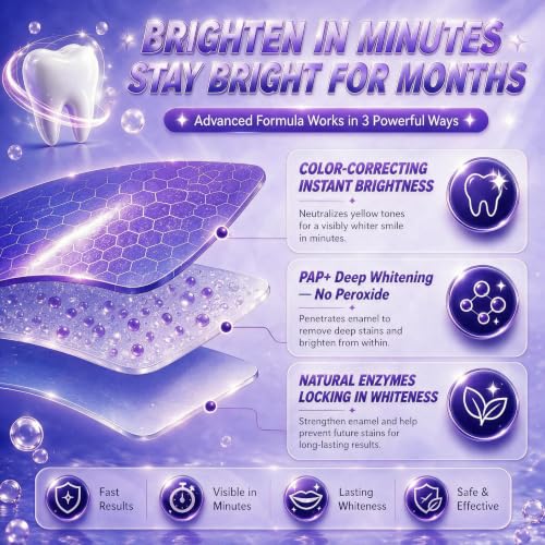 Purple Teeth Whitening Strips V34 Pap+ 15 Treatments 30 Strips Teeth Professional Brightening Removes Stains in 30 Minutes Safe for Enamel Non Sensitive Teeth Whitening 15 Count (Pack of 1)