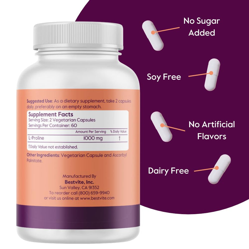 BESTVITE L-Proline 500mg (120 Veg Caps) - No Stearates - No Fillers - Vegan | Gluten Free - Non GMO - Collagen Production & Skin Support* - Amino Acid Supplement 1 Count (Pack of 120)