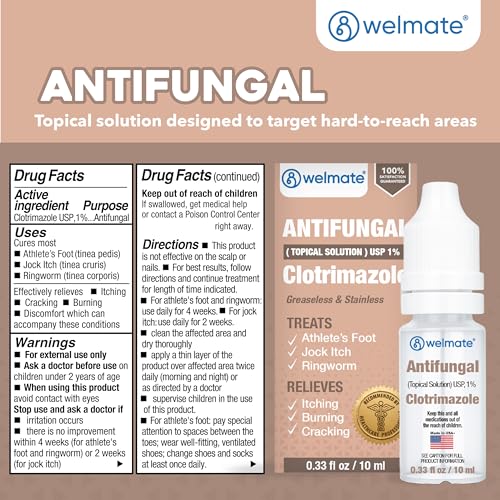 WELMATE Clotrimazole 1% Antifungal Drops, 2 Pack 0.33 fl oz Each - Athlete's Foot, Jock Itch & Ringworm Treatment, Fast-Acting, Greaseless Non-Staining, Relieves Itching, Burning & Cracked Skin