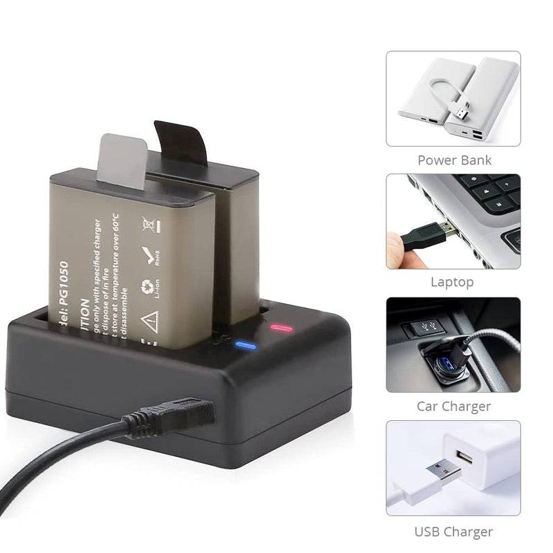 Dragon Touch 2 x 1050mAh Rechargeable Action Camera Battery with USB Dual Charger for Vision 3/ Vision 3 Pro Action Camera - BeesActive Australia