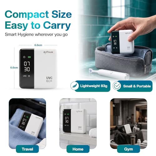 Jetfresh UV Toothbrush Sanitizer Holder & Cleaner with LED Clock Display, Fan Drying & Heating | Wall-Mounted & Portable Toothbrush Sanitizer and Holder Case for Bathroom & Travel. Fits All Brushes. Sx-7 White