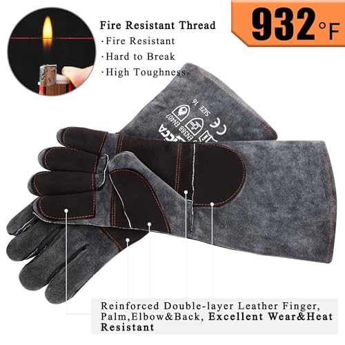RAPICCA Fireplace Fire Pit Gloves, 932°F Fireproof Leather, 16in Dark Grey Dark-grey(length 16in)