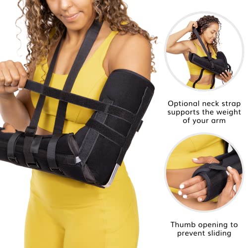 BraceAbility Posterior Long Arm Splint - Elbow Immobilizer Right or Left Forearm Brace with Sling for Fractures, Post-Surgery Recovery, Tendonitis, Bursitis, and Ulnar Nerve Entrapment Relief (S) Small