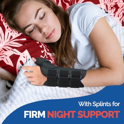 FEATOL Carpal Tunnel Wrist Brace Night Support, Thumb Spica Splint Left Hand for De Quervains Tenosynovitis, Tendonitis, Thumb Brace for Women Men, Black Blue, Small/Medium Small/Medium(Pack of 1) Left Hand-Black Blue