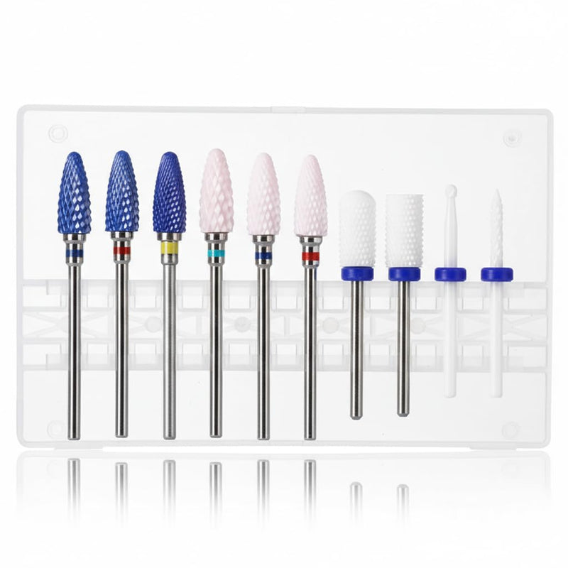 Feecy Nail Drill Bits Set Ceramic for Acrylic Nails Gel Polish Professional, 3/32 Inch Efile Nail Drill Bits Kit for Cuticle Safety Barrel Nail Art Tools with Holder, 10pcs (S10-B) S10-B - BeesActive Australia