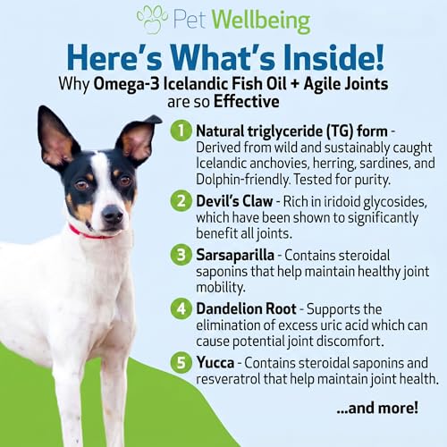 Pet Wellbeing Agile Joints & Omega-3 Icelandic Fish Oil for Dogs - NASC Certified & Vet-Formulated Herbal Joint Support & EPA/DHA Bundle, Herbal Liquid & Molecularly Distilled Fish Oil, 2 oz & 8 oz