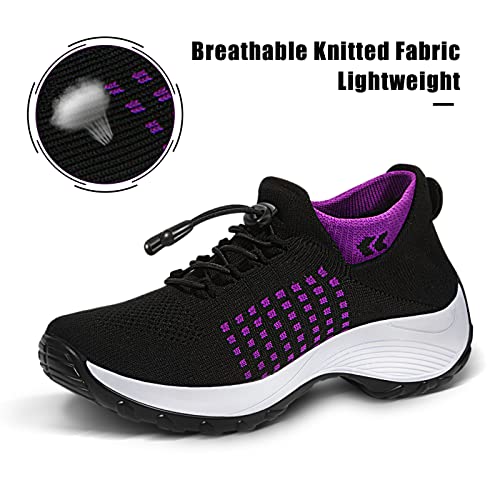 Women's Orthopedic Comfort Walking Shoes, Cushioned Stretch Sneakers 8.5 Black-purple