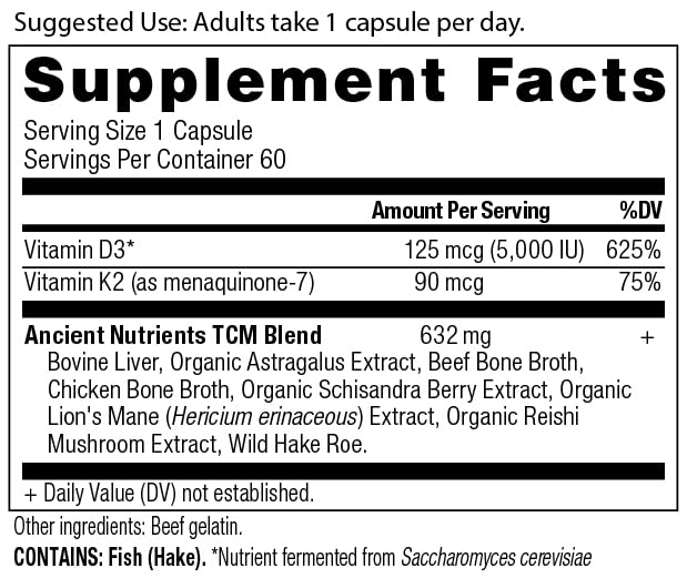 Ancient Nutrition Vitamin D, 5,000 IU Vitamin D3 + K2 for Immune Support | Immune Support, Made from Bone Broth and Mushroom Extract, Paleo and Keto Friendly, 60 Count