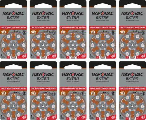 Rayovac Extra Size 312 Hearing Aid Batteries, Long-Lasting Power, Zinc-Air, Mercury Free, 1.45V, Improved Child-Resistant Packaging, Recyclable, 60 Count (10 Packs of 6)
