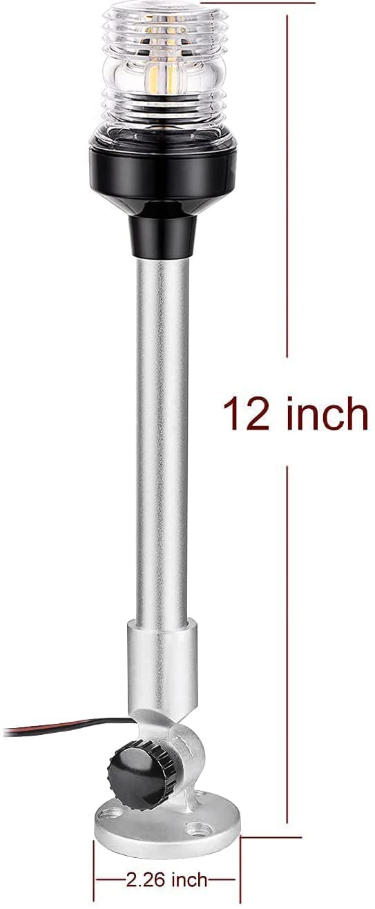 12 inch 3 Nautical Mile Navigation Anchor Lights All Round 360° White LED With Aluminum Base and Tube, Extra LED Bulb Included, 12-24V 12 Inch Foldable