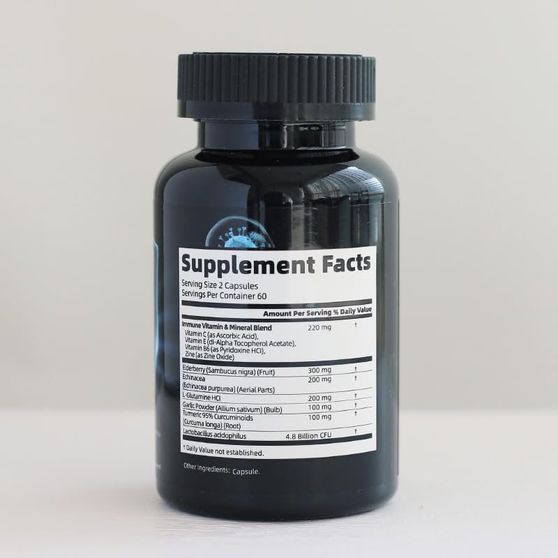 Immune Support Capsules, 10-in-1 Powerful Blend of Vitamin C, E, B6, Zinc, Elderberries, Garlic Bulb, Echinacea, Turmeric Advanced, Immune Defense for Adults