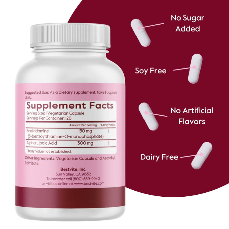 BESTVITE Benfotiamine 150mg/Alpha Lipoic Acid 300mg (240 Veg Caps)(120x2) | No Stearates - Vegan - Gluten Free - Non GMO - Fat Soluble Vitamin B1 Thiamine Supplement - ALA Supplement 120 Count (Pack of 2)
