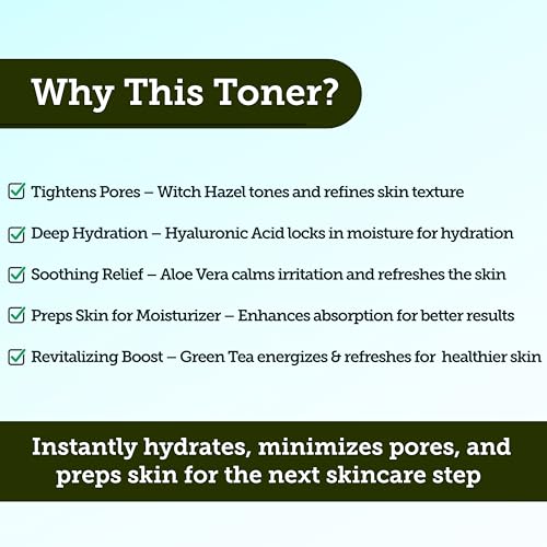 Face Toner for Men | Organic Witch Hazel, Hyaluronic Acid & Green Tea | Pore Minimizer, Hydration, Astringent, Face Tightener, Hydrating Toner, Oil Control, | Facial Toner & Men Skin Care