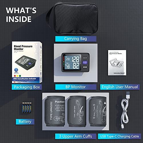 Blood Pressure Machine Upper Arm, 3 Size Cuffs, S, M/L and XL, Small 7"-9", Medium/Large 9"-17" and Extra Large Cuff 13"-21", Accurate Automatic Digital BP Monitor, Large Backlit LCD, 3-User 1500 MEM Black