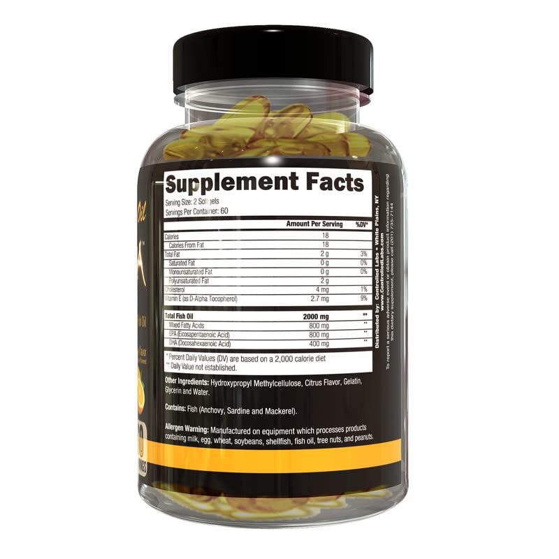 CONTROLLED LABS Orange Oximega Fish Oil Supplement 120 Softgels, EPA and DHA, 2000mg Omega- 3 Fatty Acids, Citrus-Flavor, Burpless Softgels (Pack of 2) 1 Count (Pack of 2)