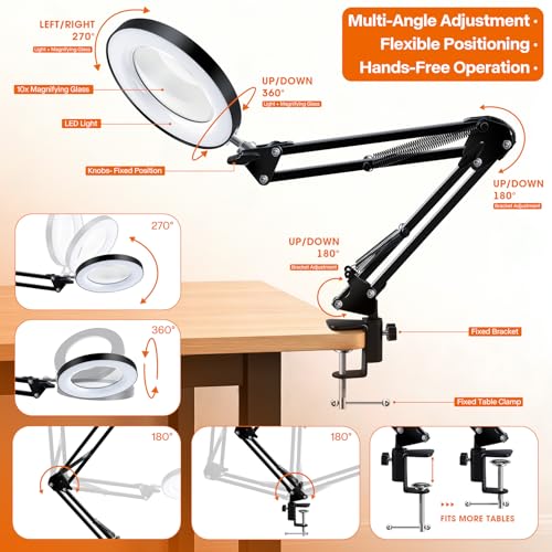LXIANGN Hands Free 10X Magnifying Glass with Light and Clamp