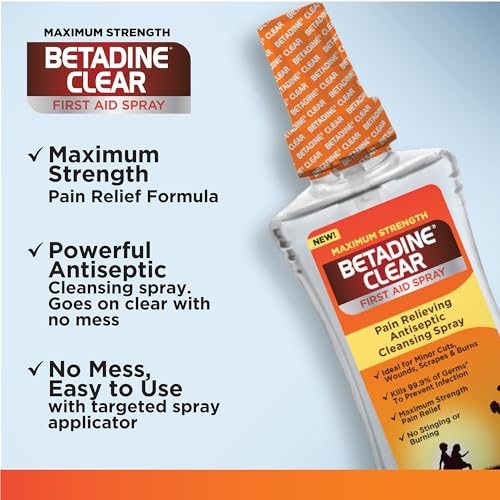 Betadine Clear First Aid Spray, Max Strength Pain Relieving Antiseptic Cleansing Spray, No Stinging, Kills 99.9% of Germs*, Helps Prevent Infections, 6 oz 6 Ounce Clear Spray