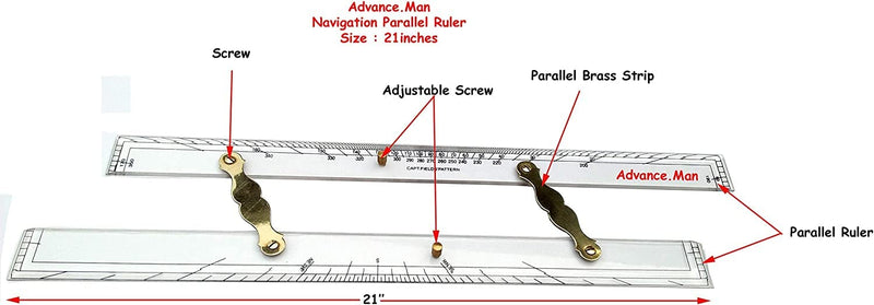 Advance.Man Marine Navigation Parallel Ruler Clear! Folding Parallel Ruler 21 inches with Brass Divider and Brass Pencil Compass 8 inches