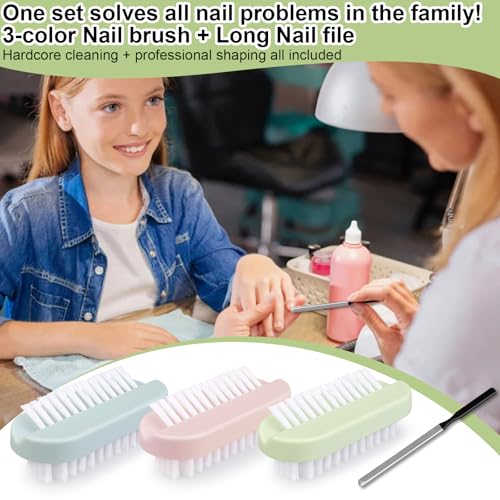 4PCS Nail Brush Long Toe Nail File Set - 3Pcs Two Sided Nail Scrubber Brushes for Cleaning Fingernails and 1Pcs Stainless Steel Long Toe Nail File for Thick Nails, Efficient Nail Care Tool