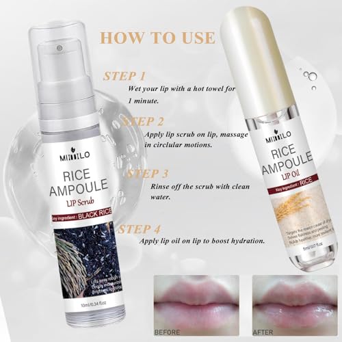 Black and White Rice Ampoule Lip Scrub and Oil Set, Rice Ampoule Duo Lip Exfoliator Solution, Hydrating Lip Oil for Softer & Smoother lips